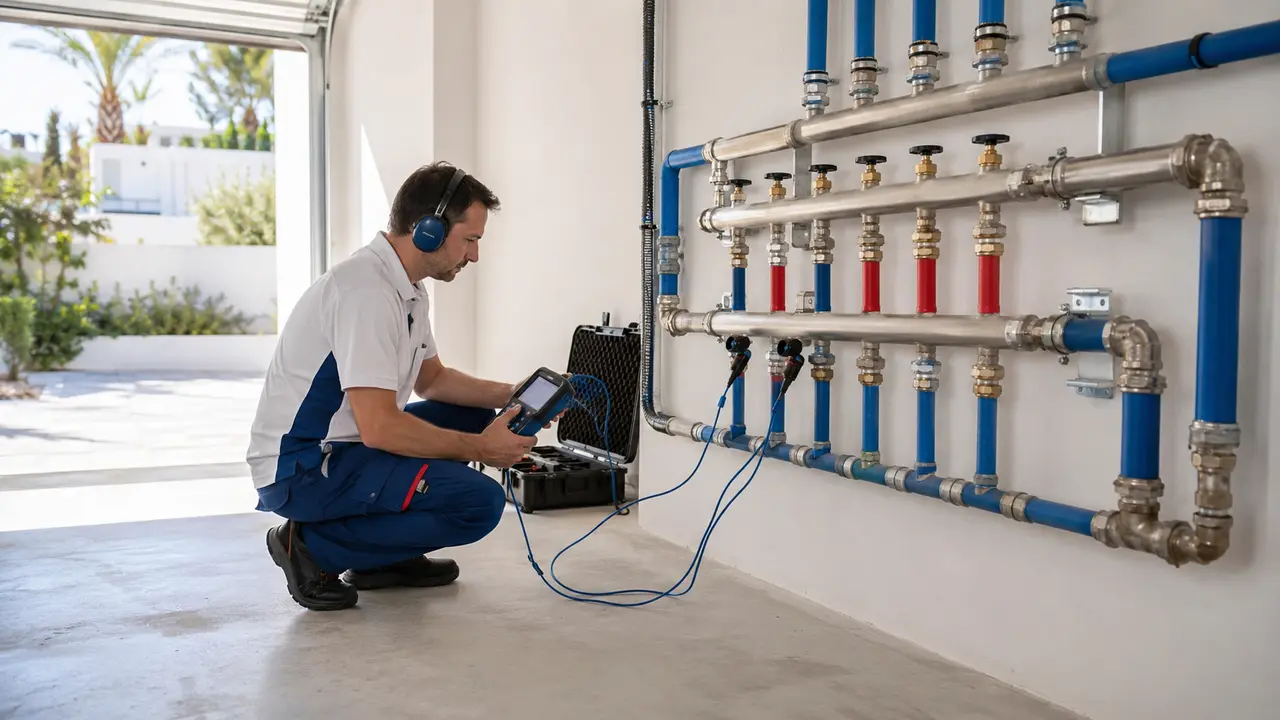 Técnico revisando con cámara térmica una instalación comunitaria en Marbella