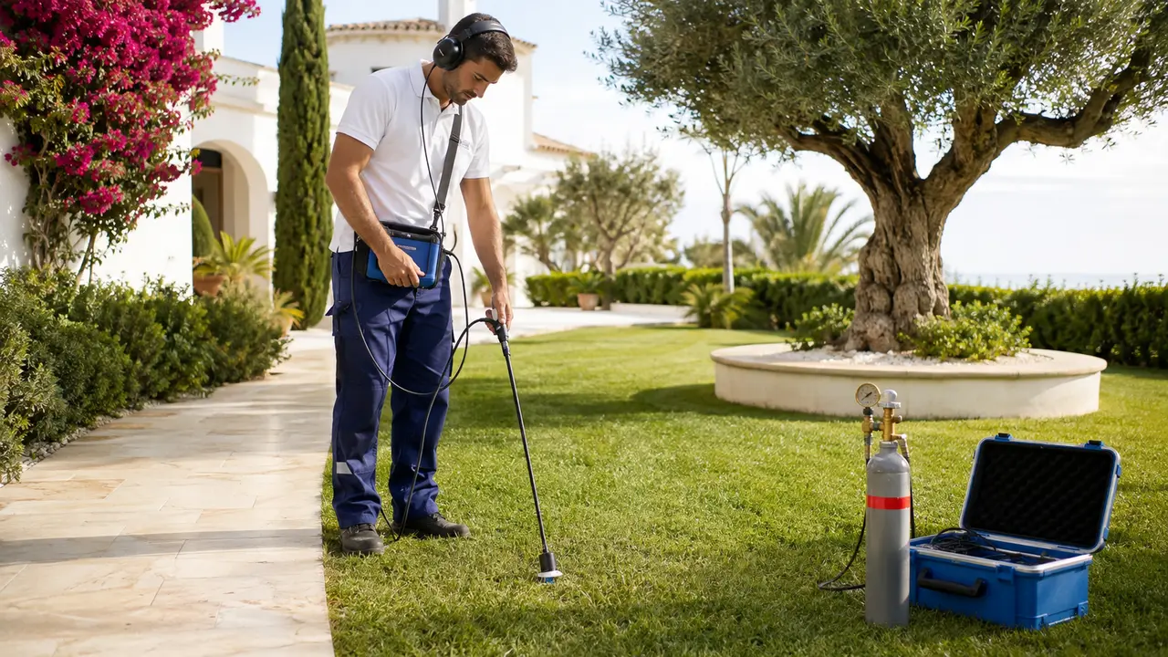 Especialista buscando una fuga de agua en una zona exterior ajardinada de Marbella