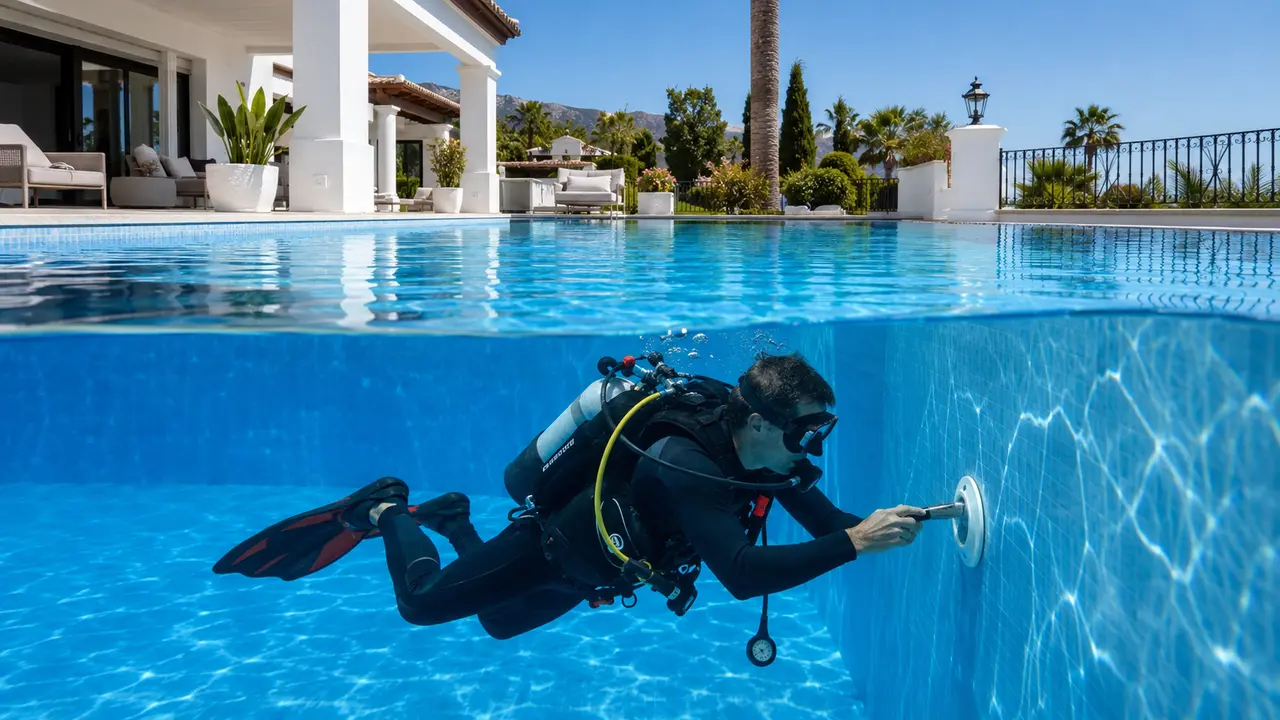 Buceador titulado inspeccionando una piscina llena para localizar una fuga